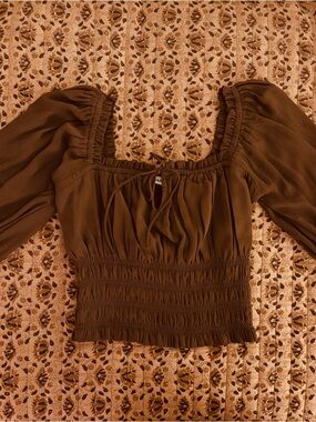 Abercrombie & Fitch Ruched Puff Sleeve Cropped Blouse Brown Sz Xsmall